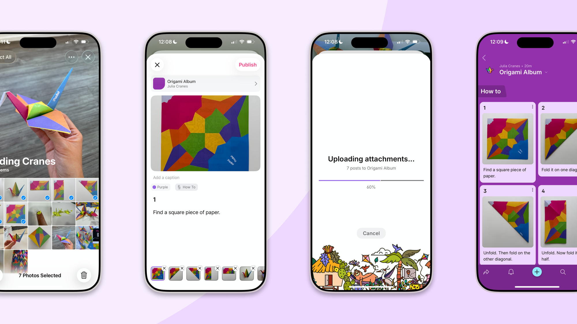 Screenshots showing the flow when using the Share Extension, from selecting photos to editing to uploading to seeing the finished padlet.
