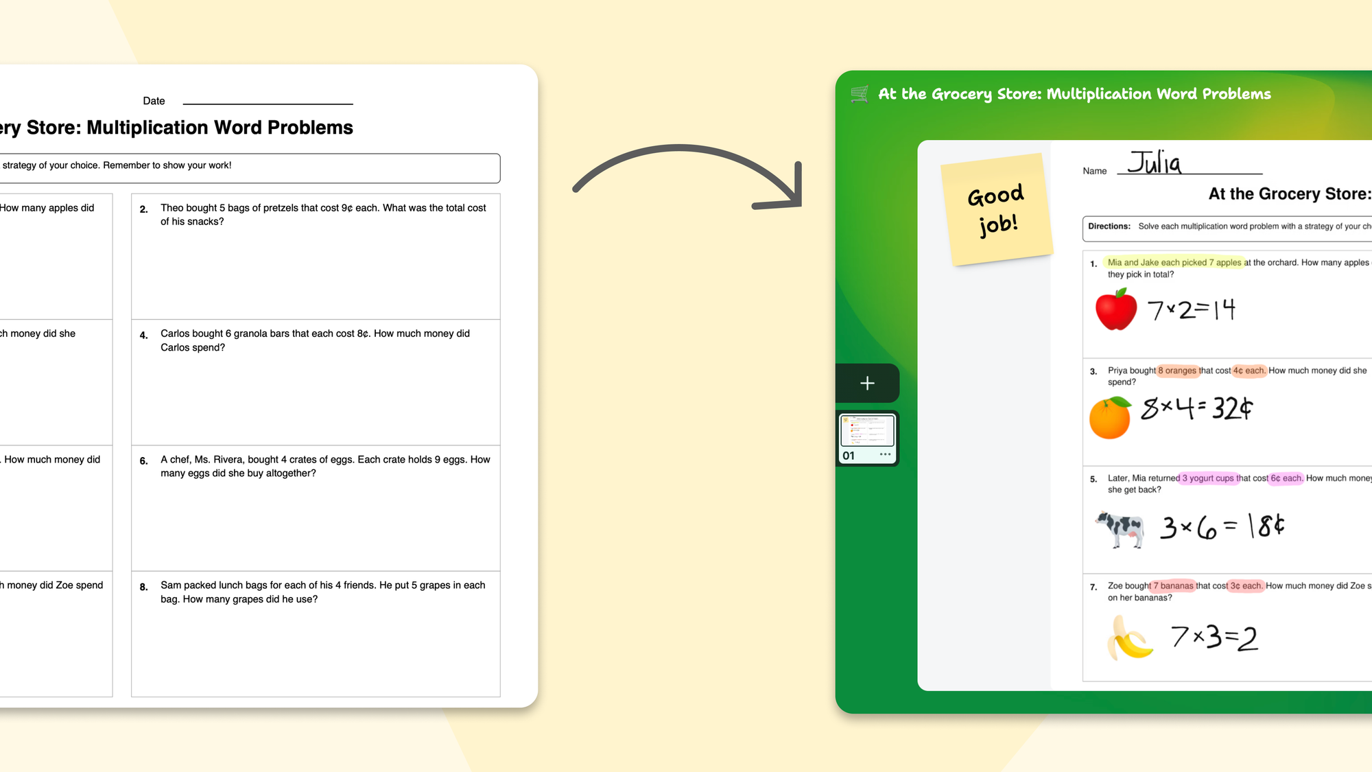 A split view showing a printed-style multiplication worksheet PDF on the left transforming into a Padlet Sandbox on the right.