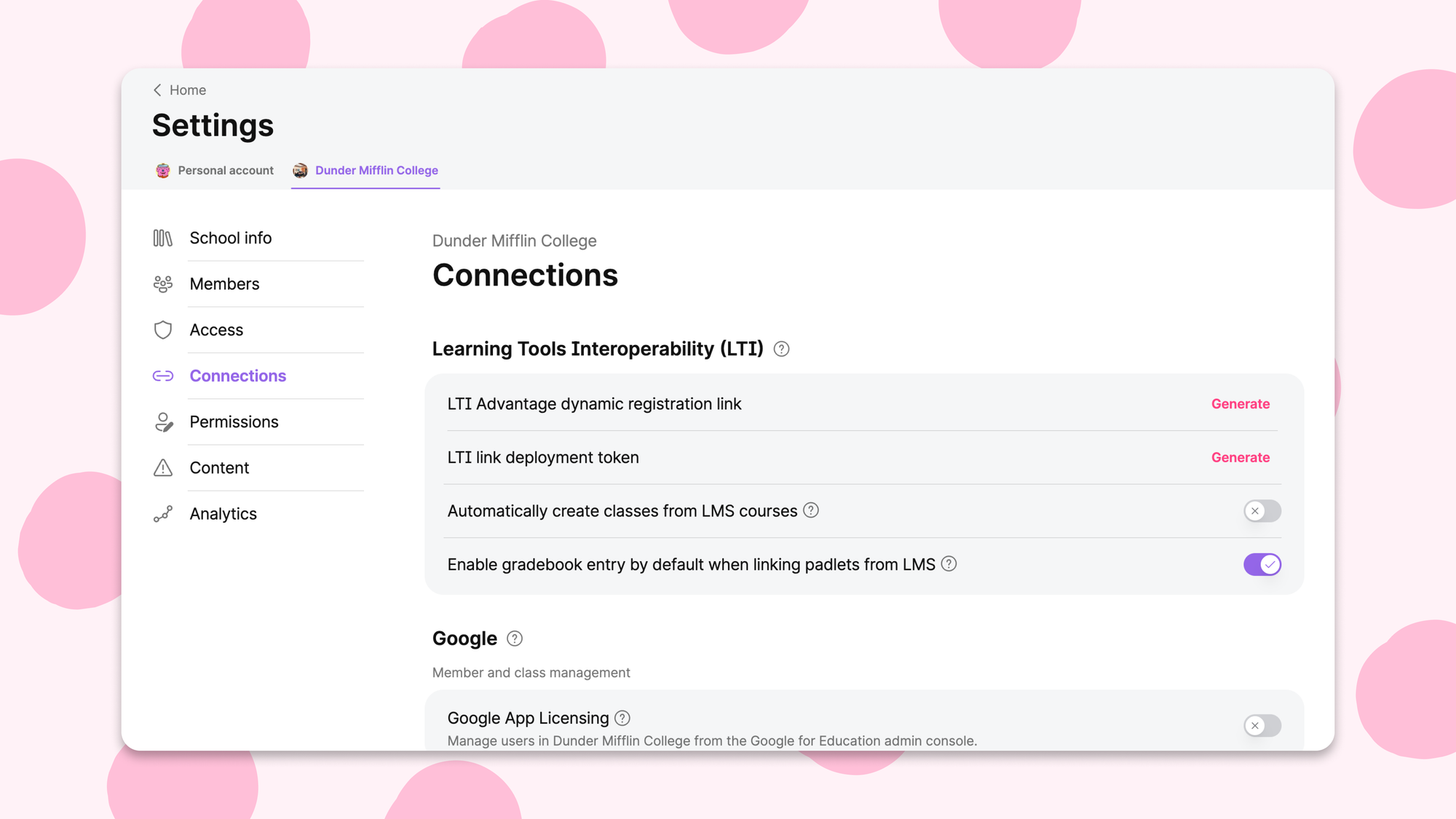 Screenshot of the new Connections page in Padlet for Schools account settings.