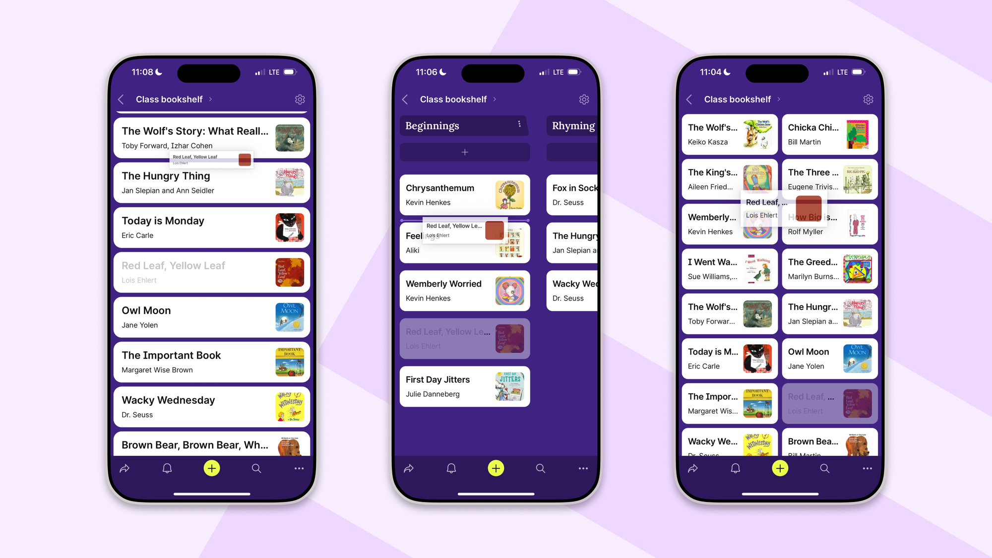 Three mobile screenshots of the same padlet shown in Stream, Shelf, and Grid layouts, each with a post being dragged to a new position