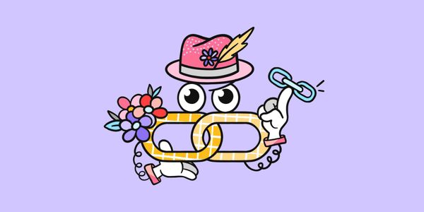 An illustration of a link holding a link over a purple background