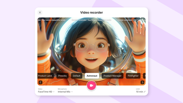 Padlet's video recorder modal showing a young child with an astronaut AR video filter.