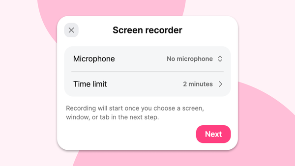 Screen recorder settings with microphone and time limit options before starting a recording.