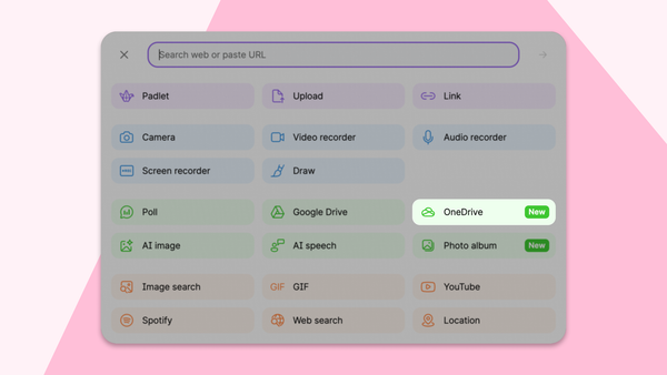 Screenshot of the attachment picker on a Padlet board with the new OneDrive attachment button highlighted.