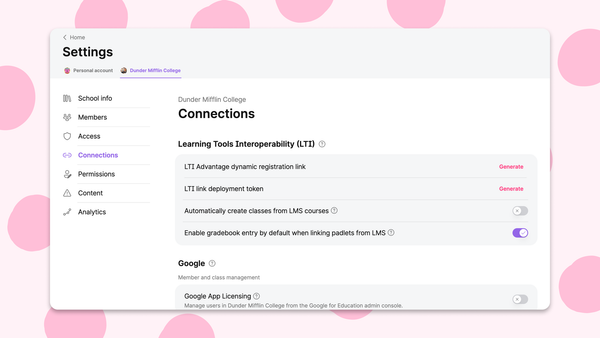 Screenshot of the new Connections page in Padlet for Schools account settings.