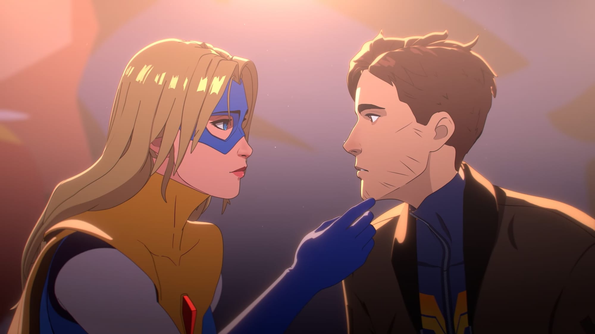 Blonde Blazer is shown touching Robert's chin after taking his mask off, while sitting on a billboard during an undisclosed job interview where Blazer wants to hire Robert as a dispatcher.