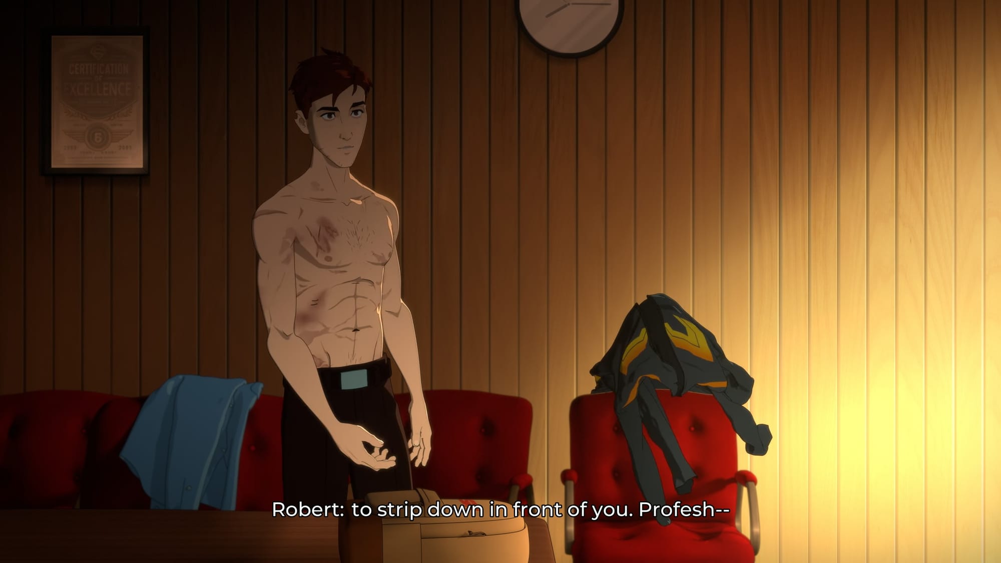 Robert is shirtless in a conference room, having just taken his hero uniform top off to change it for a SDN button up shirt while commenting to Blazer about how unprofessional this situation is.  Robert intended to throw his Mecha Man shirt on a chair but it landed on and revealed an invisible Invisigal who is creeping on him.