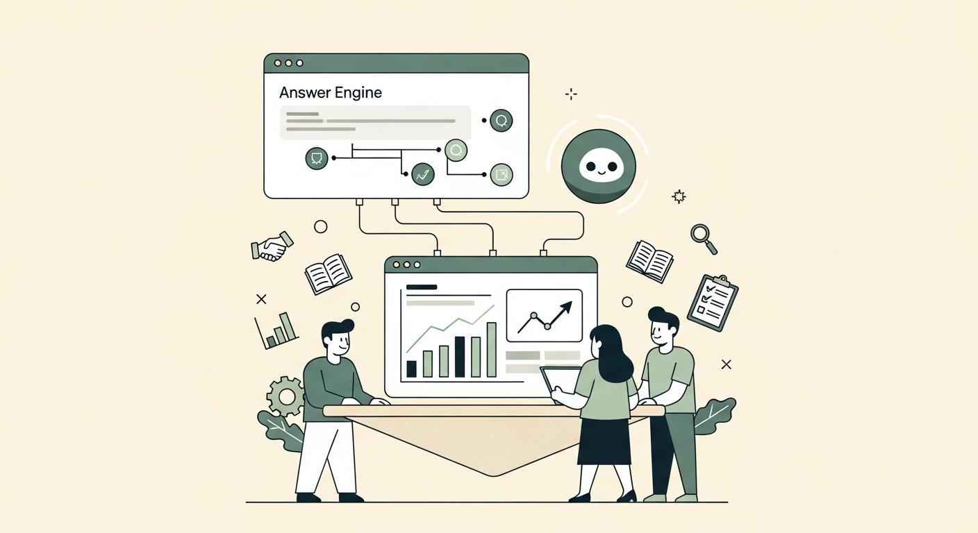 Illustration of a small agency team gathered around a dashboard panel connected to an AI answer result panel with citation source bubbles on a cream background