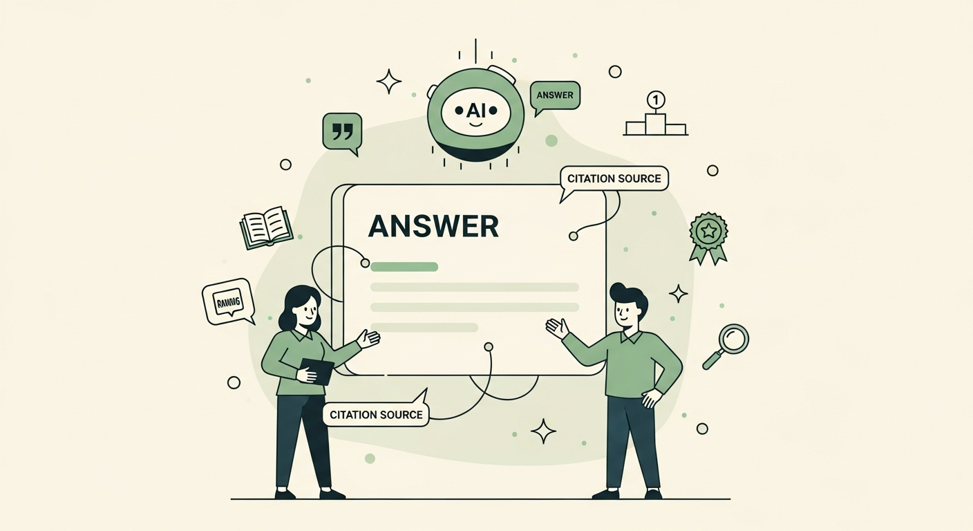 Illustration of a strategist figure in front of an answer card with citation source bubbles connected by lines and a friendly AI orb with a speech bubble on a cream background