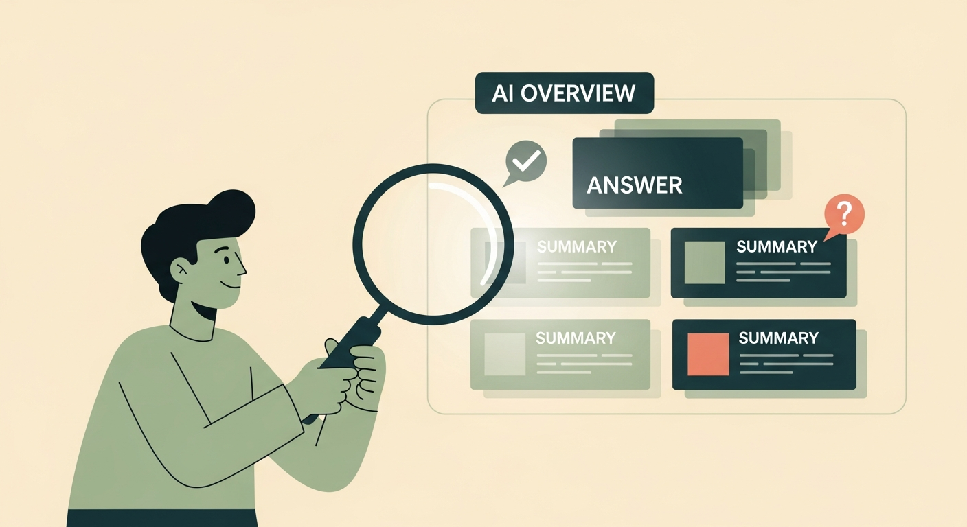 Illustration of a friendly character holding a magnifying glass to an AI overview answer panel with stacked summary cards on a cream background