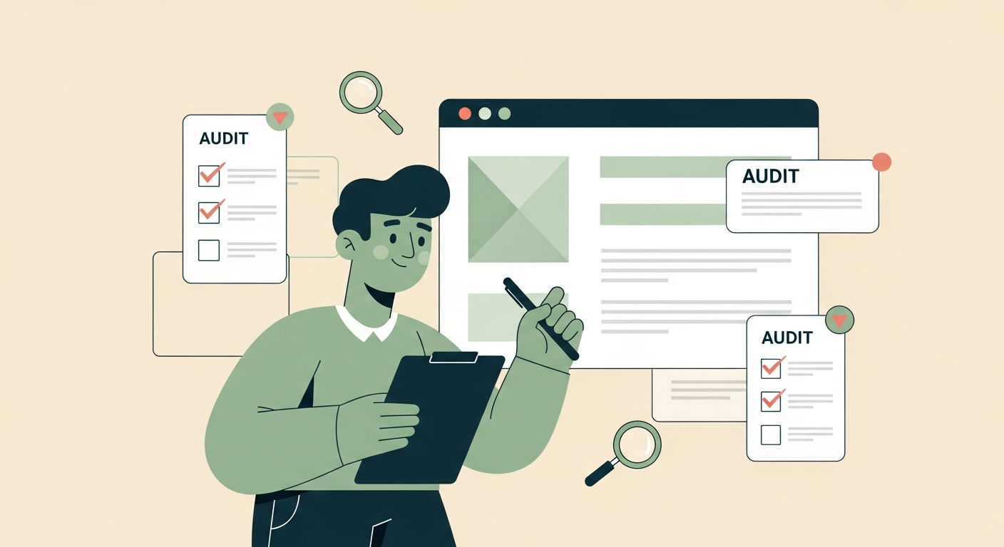 Illustration of a friendly character with a clipboard inspecting a website panel surrounded by floating audit checklist cards on a cream background