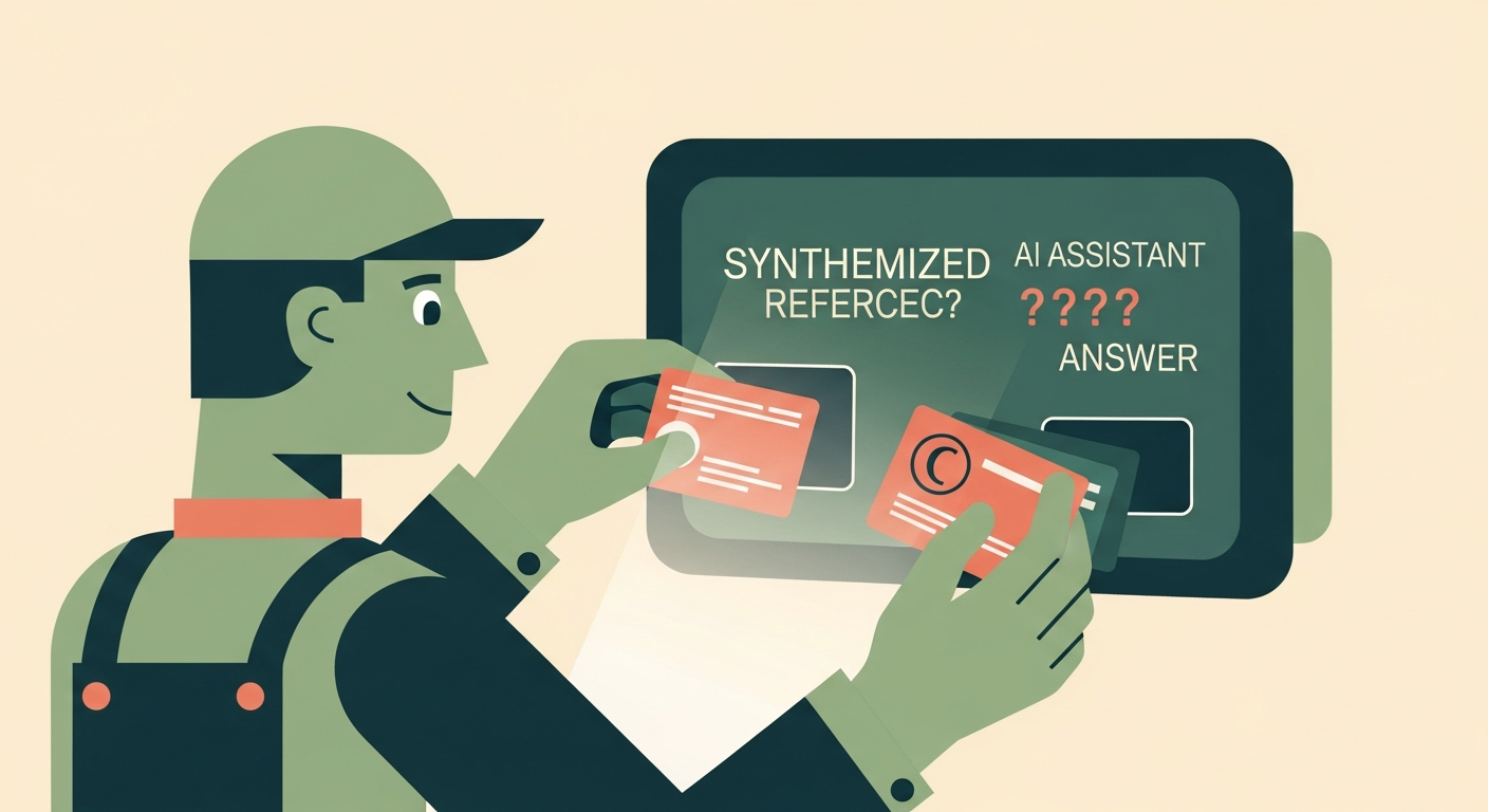 Illustration of a friendly character placing source citations onto a glowing AI assistant answer panel on a cream background