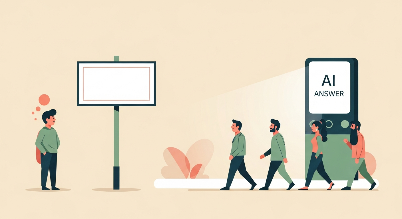 Illustration of a friendly character at an empty signpost while customers walk toward an AI answer panel on a cream background