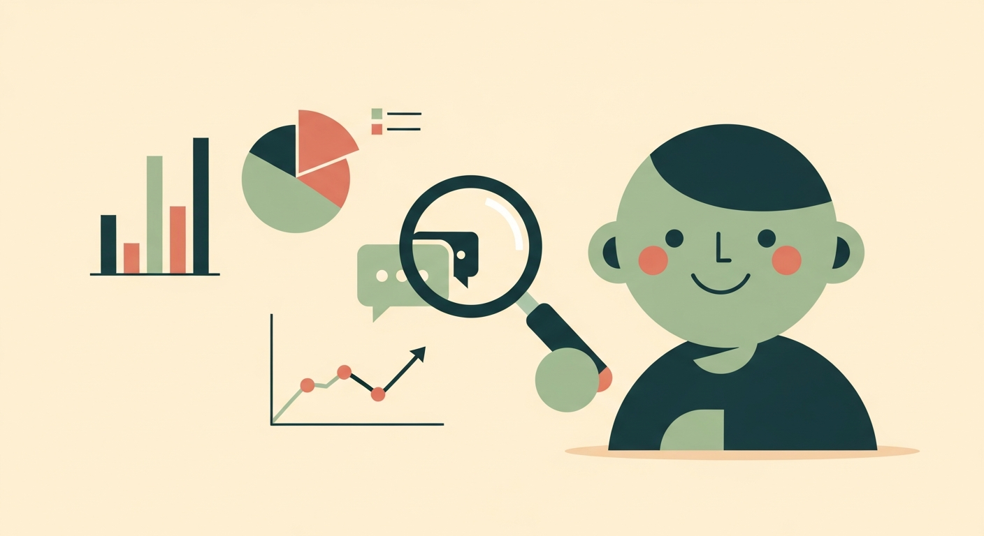 Illustration of a friendly character at a clean analytics dashboard with charts and a magnifying glass over a chat bubble on a cream background