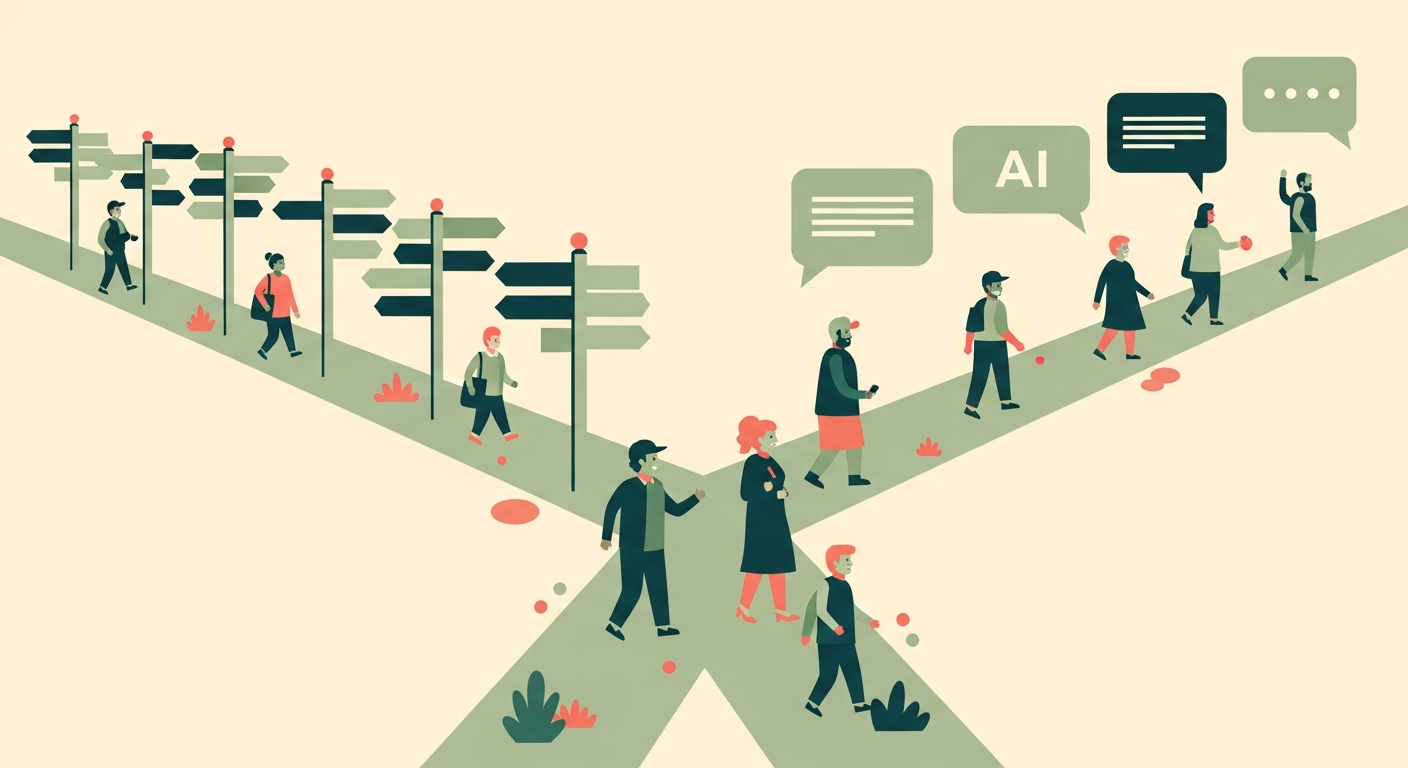 Illustration of two paths, one with classic signposts and one with AI chat bubbles, converging into a single garden on a cream background
