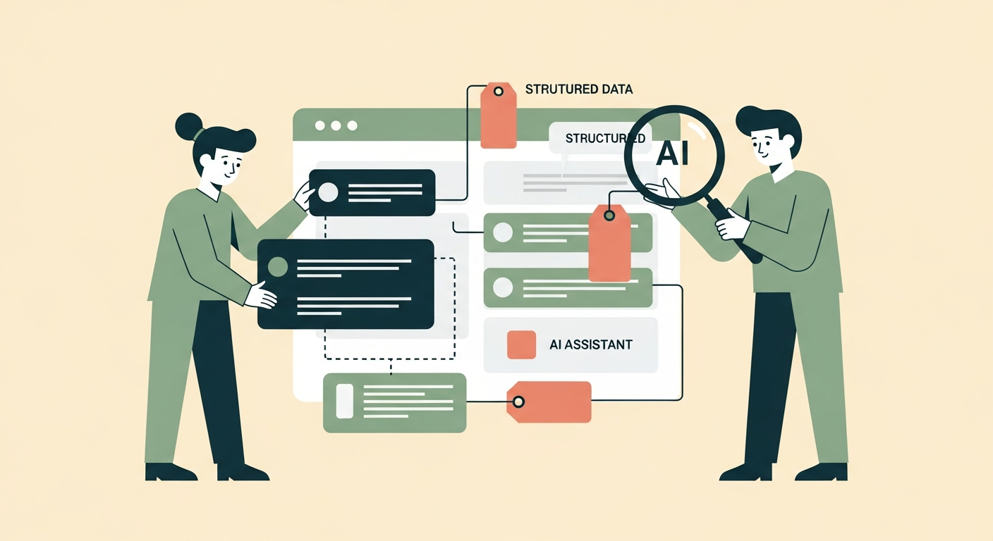 Illustration of a friendly character organizing structured data blocks around a website panel while an AI character reads through a magnifying glass on a cream background