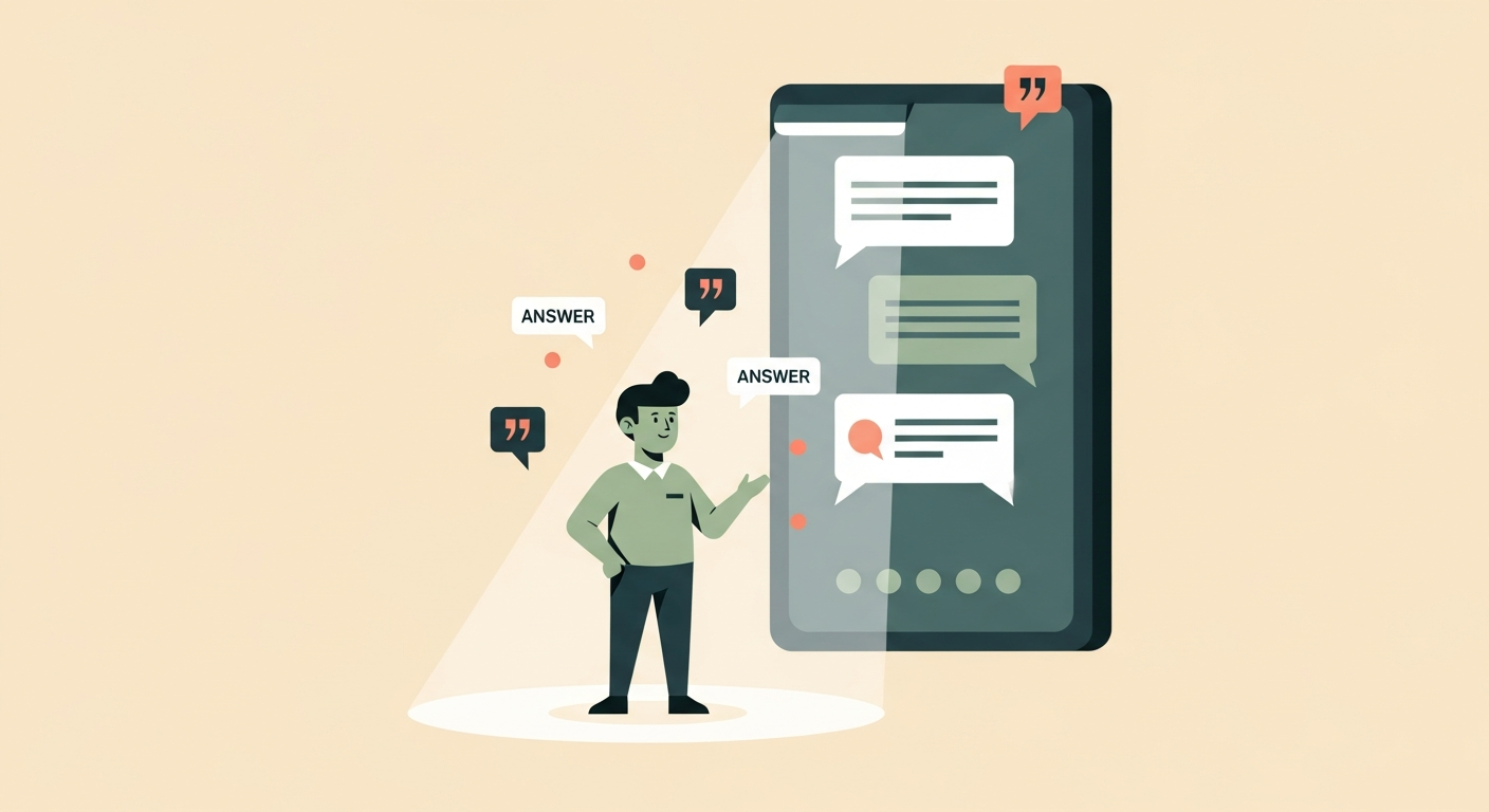 Illustration of a friendly character standing in the spotlight of an AI assistant panel with citation markers and answer cards floating around on a cream background