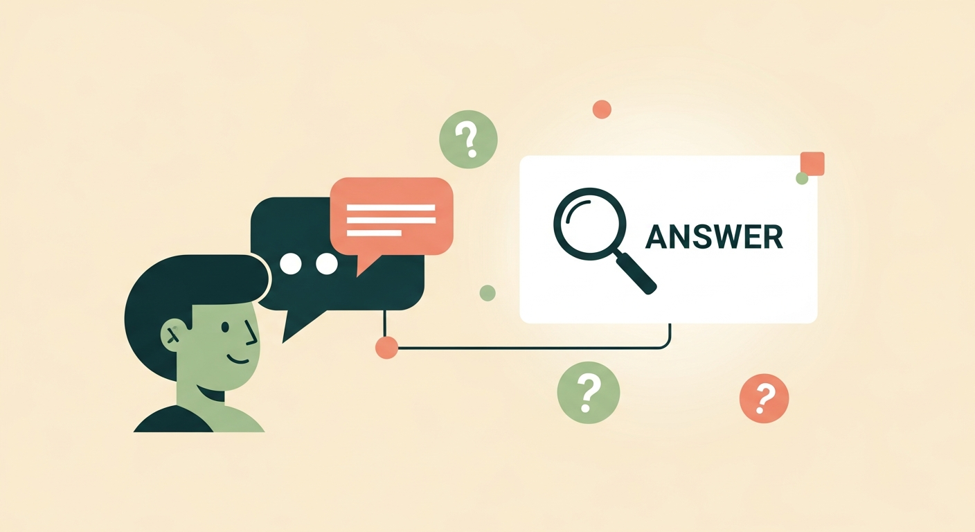Illustration of a friendly character speaking into a chat bubble connected to an answer panel and floating question marks, on a cream background