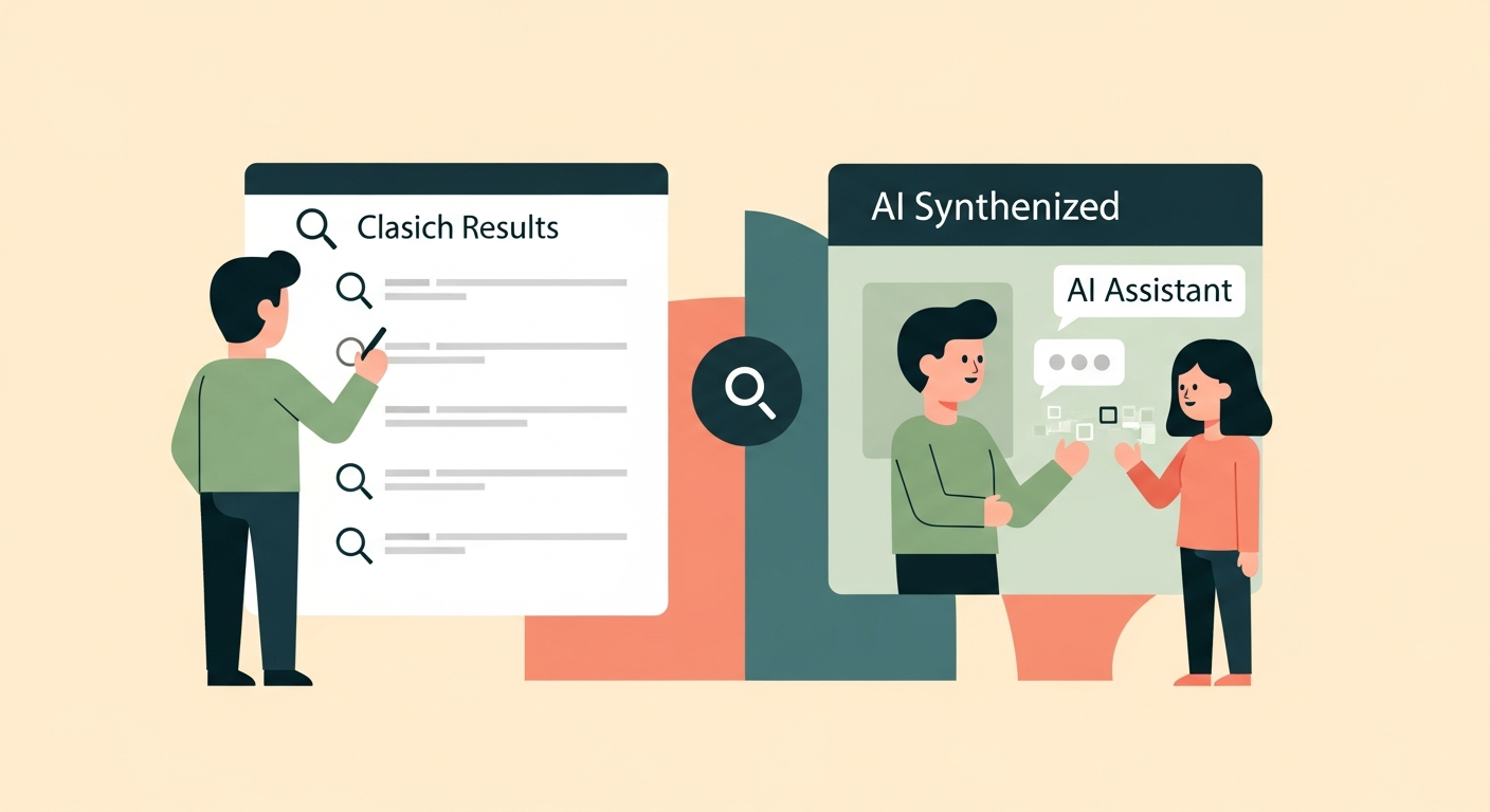 Illustration comparing a search results list with an AI assistant answer panel on a cream background