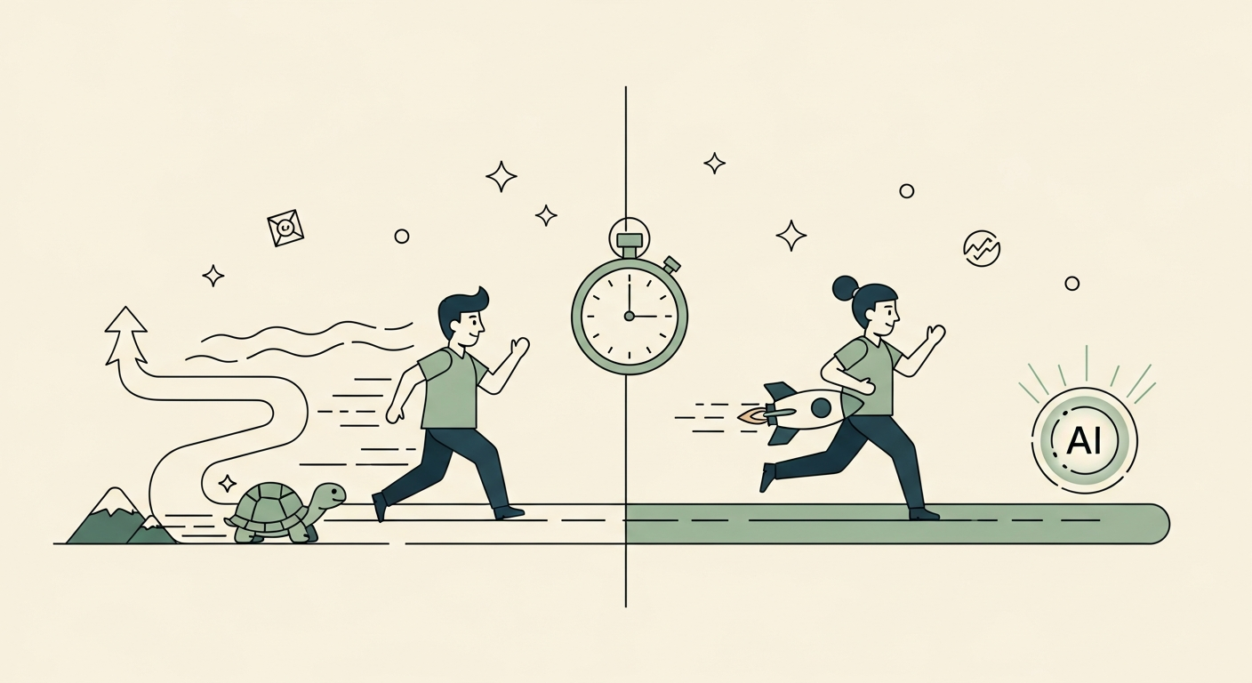 Illustration comparing the speed of AEO and SEO results with two characters racing on different paths