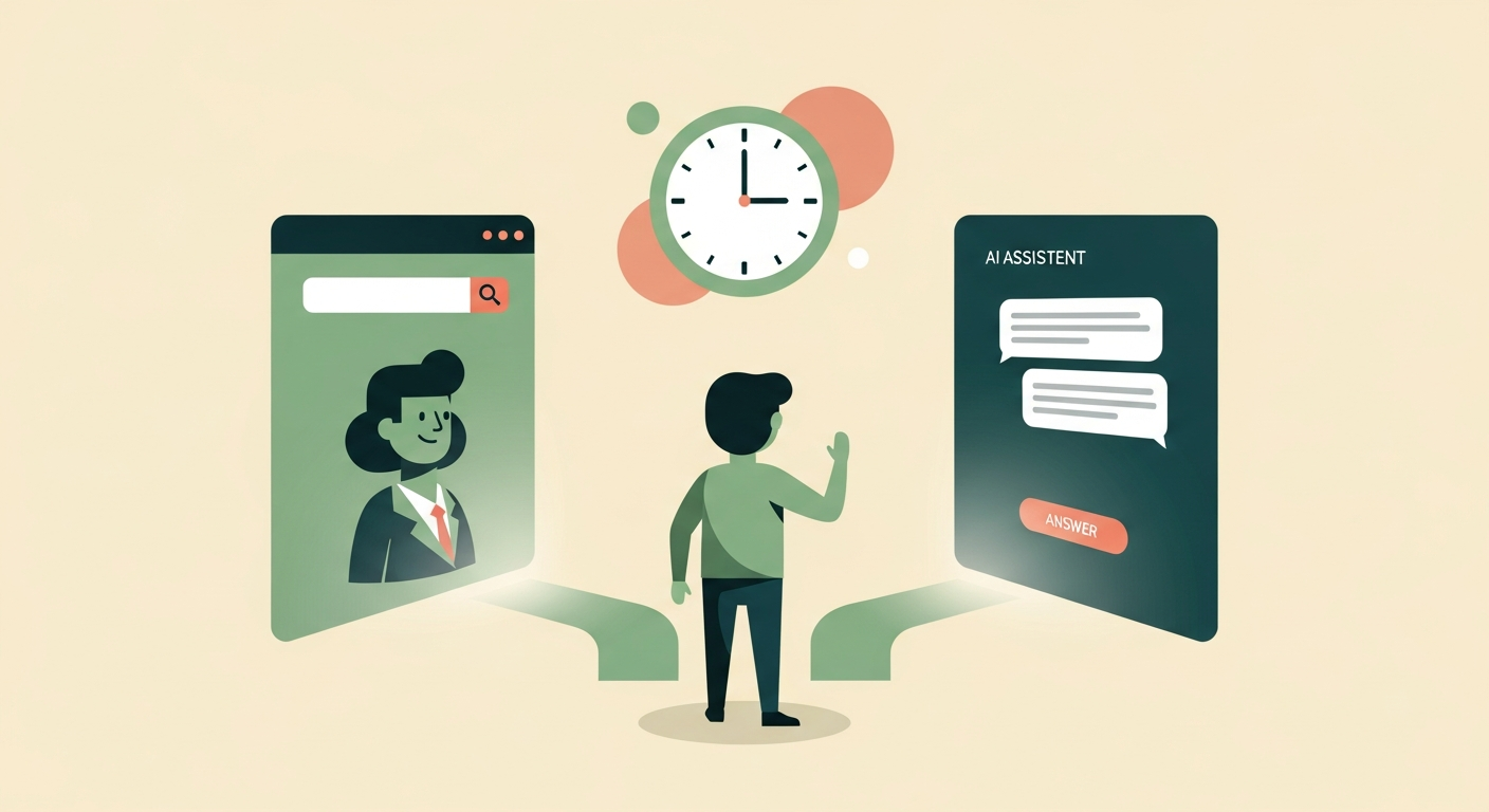 Illustration of a friendly character standing at a fork between a classic search portal and a conversational AI assistant portal with a clock signaling timing on a cream background