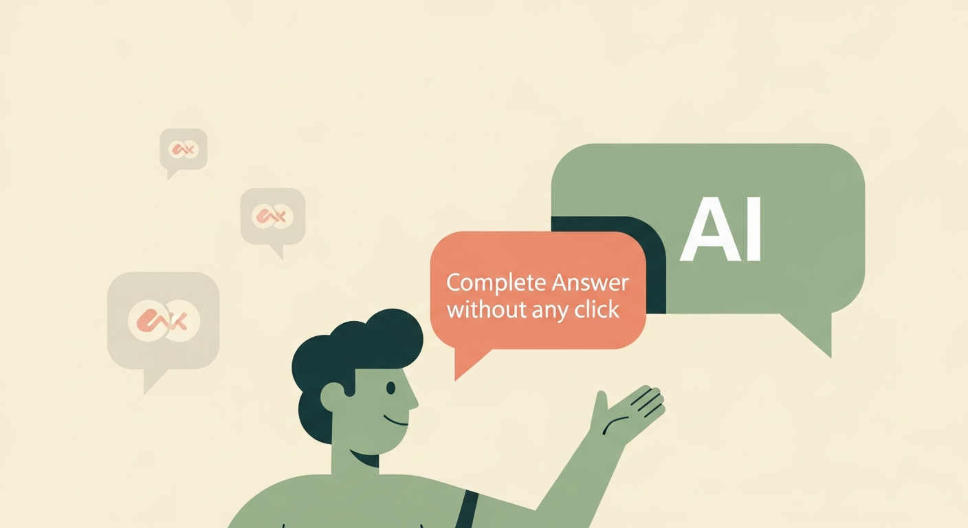 Illustration of a friendly character receiving a complete answer from an AI chat bubble with link icons floating away on a cream background