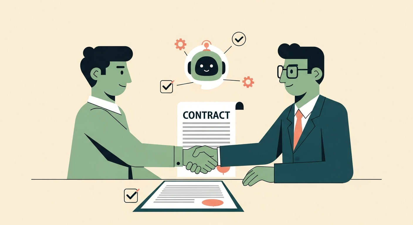 Illustration of two friendly characters shaking hands over a contract document with a small AI assistant icon between them and tiny checkmark icons on a cream background