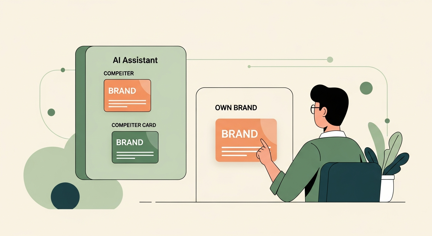 Friendly marketer character watching an AI assistant surface competitor cards while their own brand card sits behind a translucent barrier