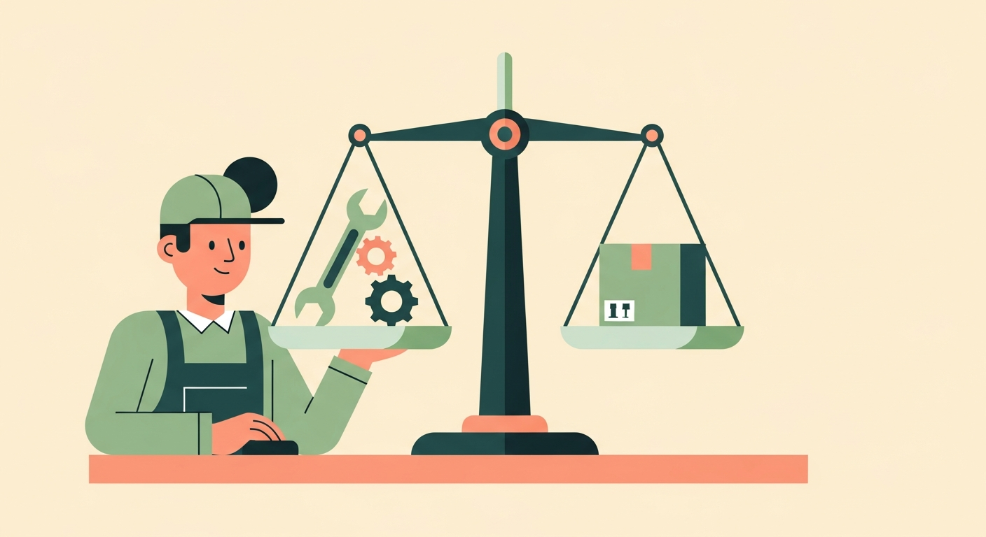 Illustration of a friendly character at a workbench weighing custom build gears against a boxed off the shelf product on a balance scale, on a cream background