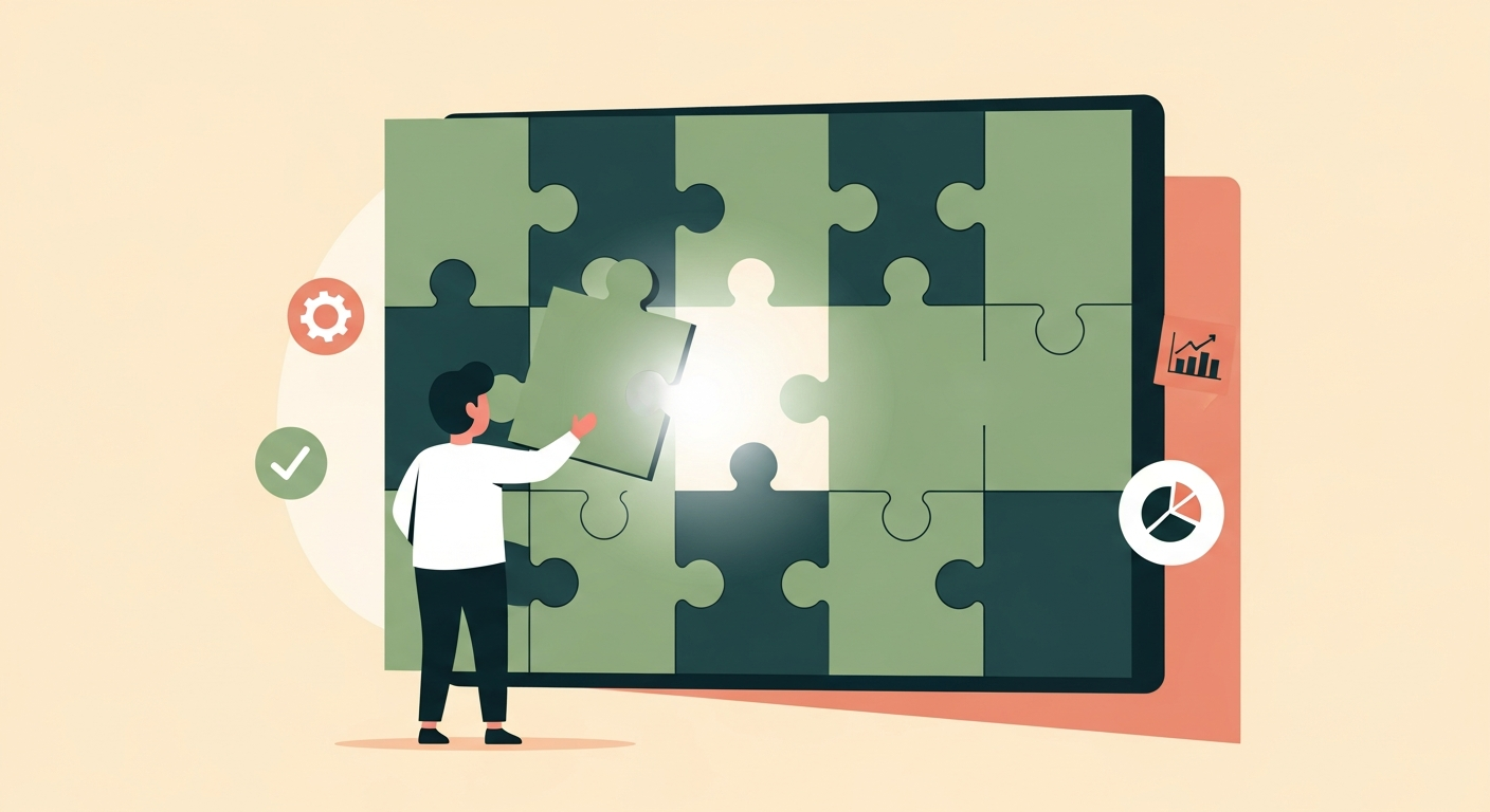Illustration of a character placing a glowing puzzle piece into a geometric wall with small icons of a checkmark gear and chart on a cream background