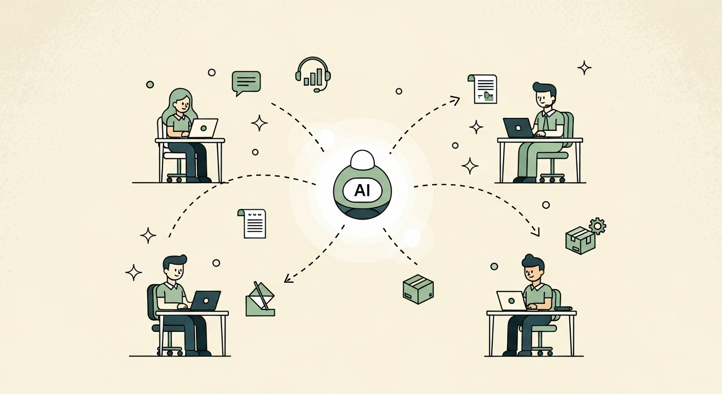 Illustration of several stylized worker figures at workstations connected by glowing arcs to a central AI orb with small business icons floating around on a cream background
