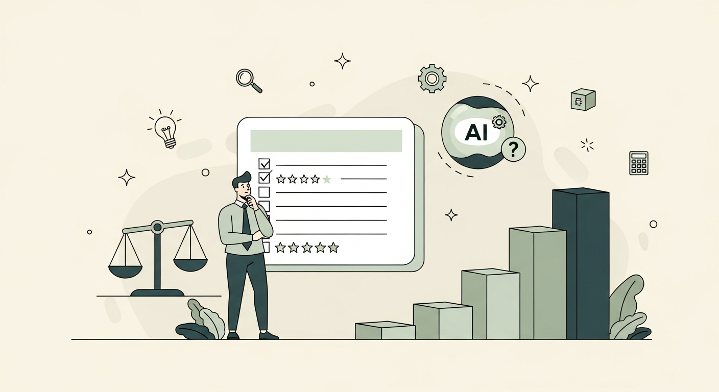 Illustration of a business owner figure thinking in front of a scorecard tile and a stepped bar chart with a friendly AI orb hovering nearby on a cream background