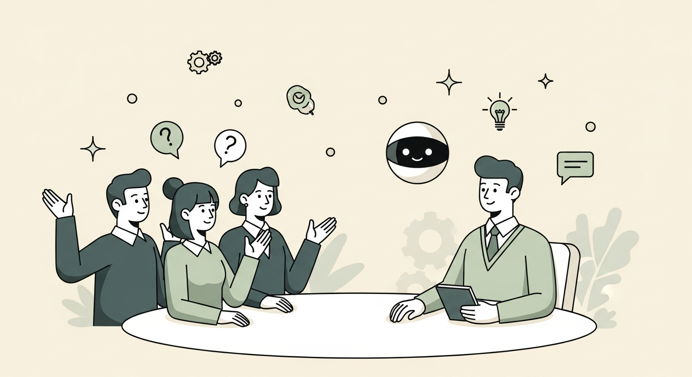 Illustration of a small group of client figures asking questions across a table from a calm advisor figure with a friendly AI orb floating nearby on a cream background