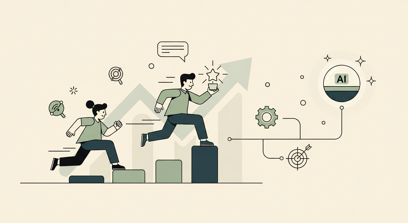Illustration of a leader pulling ahead of competitors with the help of an AI assistant and an upward trending chart
