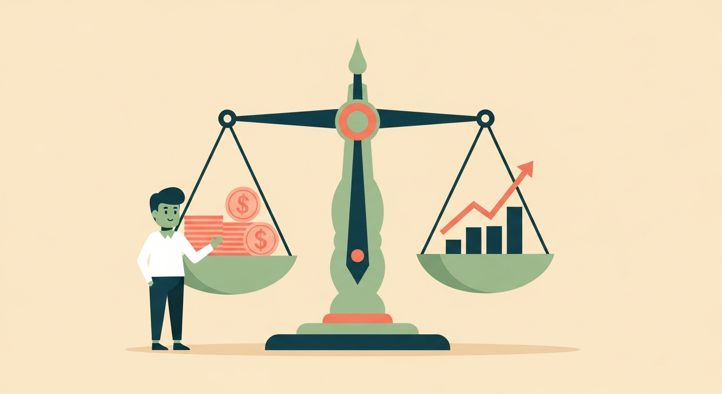 Illustration of a friendly character next to a balance scale weighing coins against an upward growth chart on a cream background
