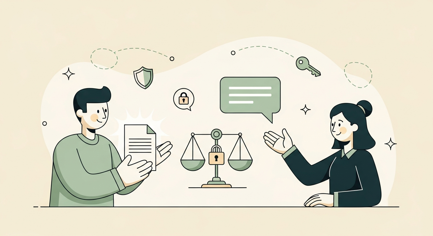 Illustration of a figure protectively holding a glowing document beside a chat bubble with a balance scale and shield motif on a cream background