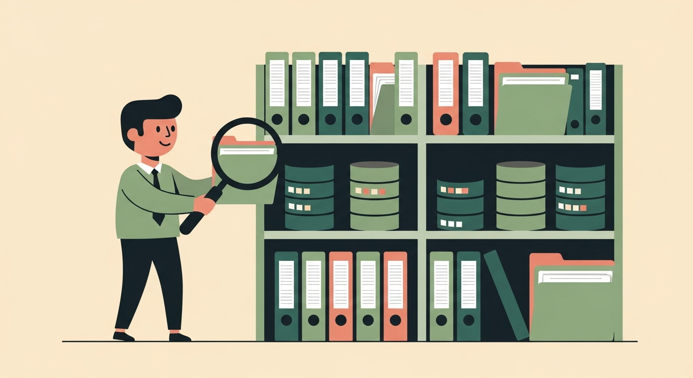 Illustration of a friendly character organizing file folders and database cylinders on labeled shelves on a cream background