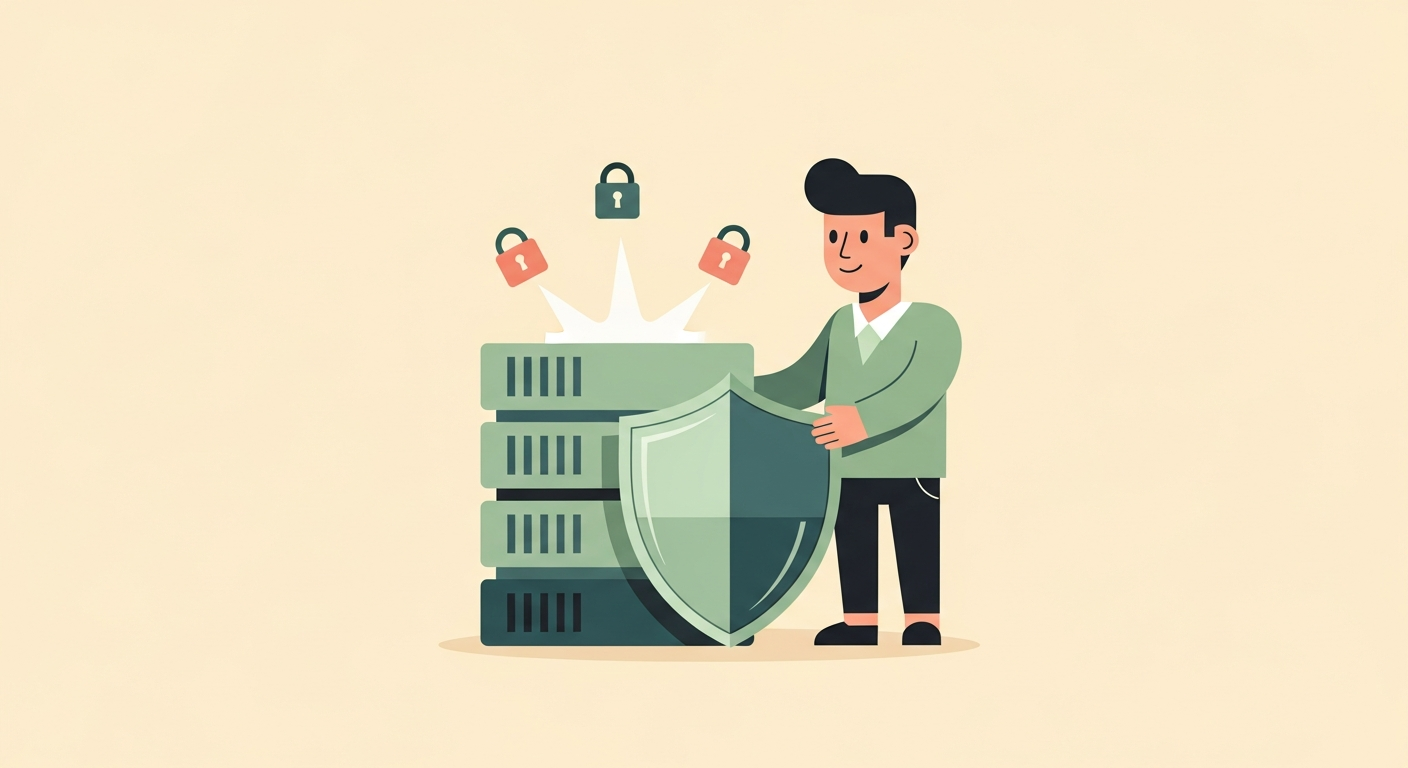 Illustration of a character standing next to a stylized server stack with a glowing shield and small lock icons on a cream background