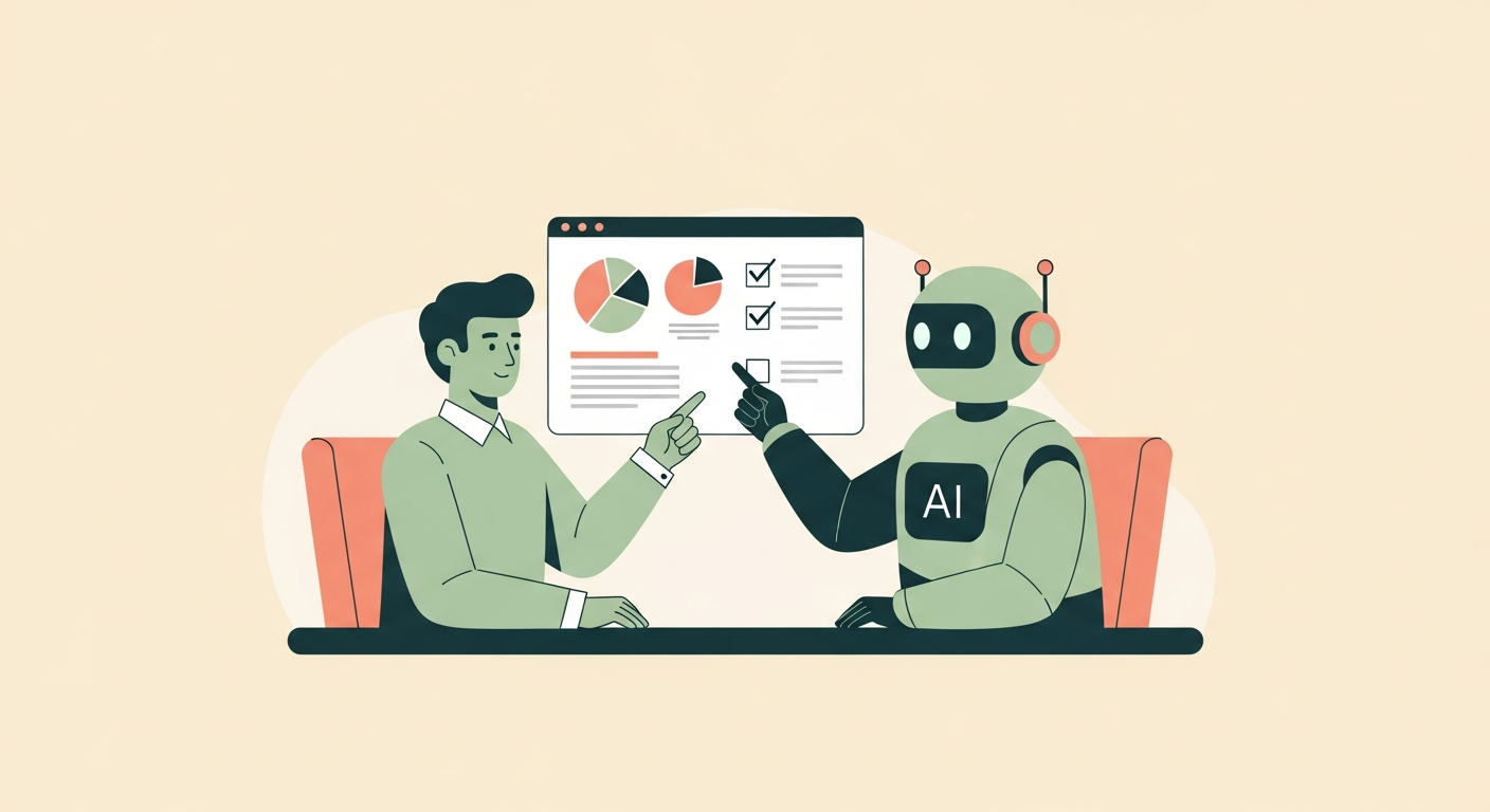 Illustration of a human and a friendly AI assistant character working together at a shared desk reviewing charts on a cream background
