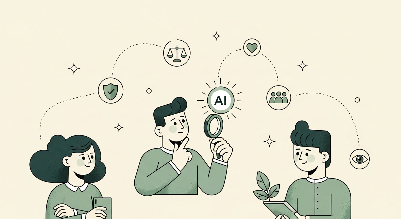 Illustration of a thoughtful person examining an AI orb with small symbols representing ethical themes floating around