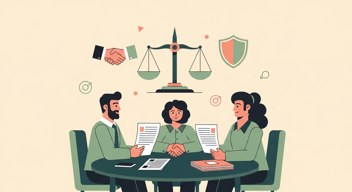 Illustration of friendly characters at a round table reviewing documents alongside scales of justice and a shield, on a cream background