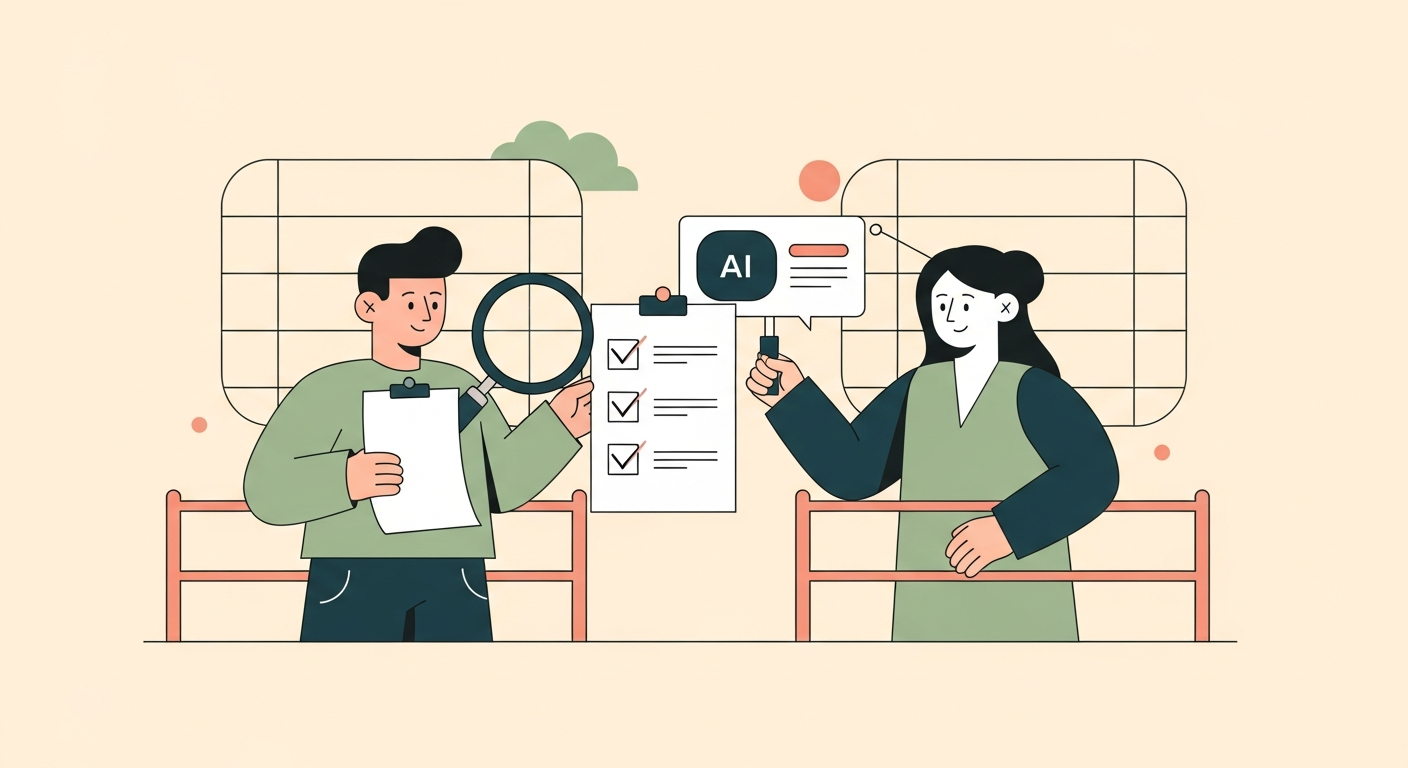 Illustration of a friendly character with a checklist and magnifying glass reviewing the output of an AI assistant on a cream background