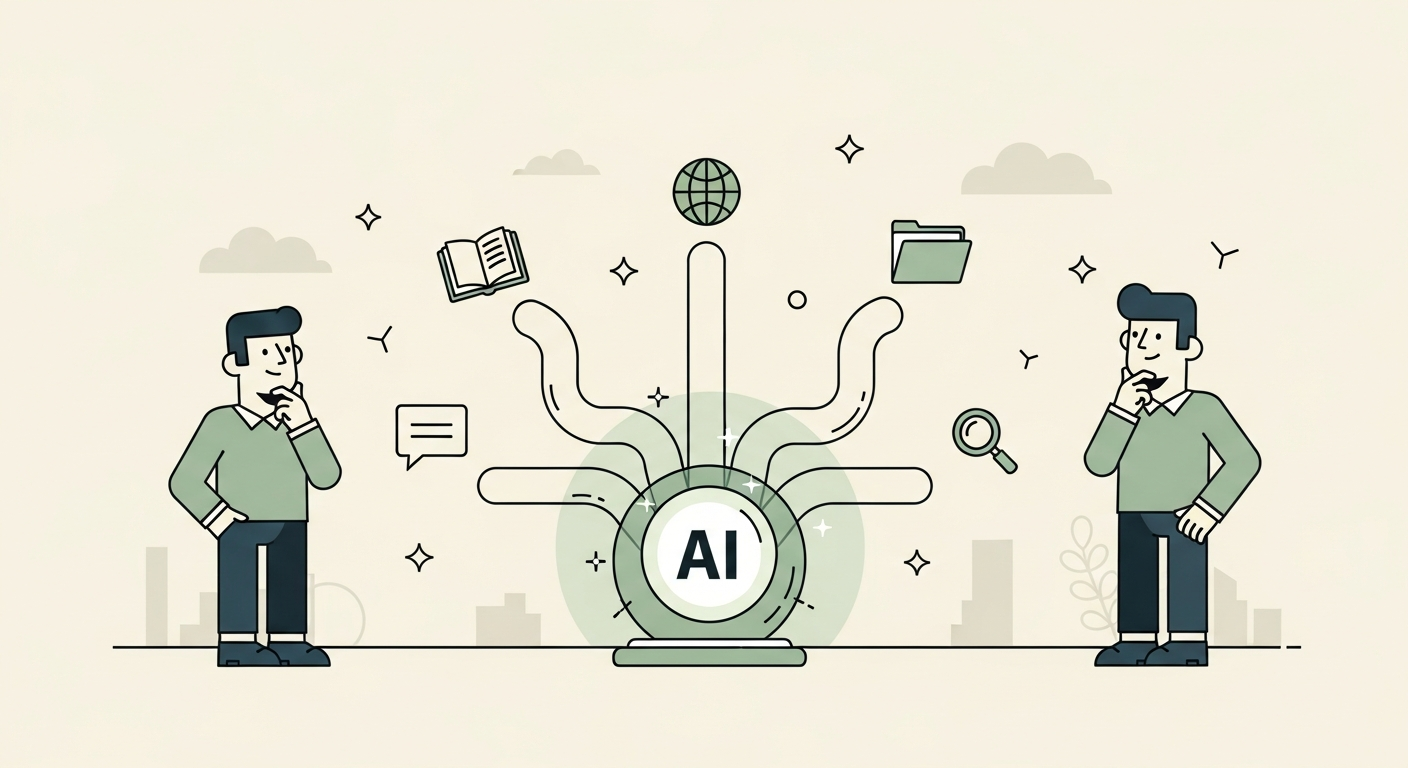 Illustration of a glowing AI orb with curved streams flowing into it from icons of a book, globe, folder, chat bubble, and magnifying glass