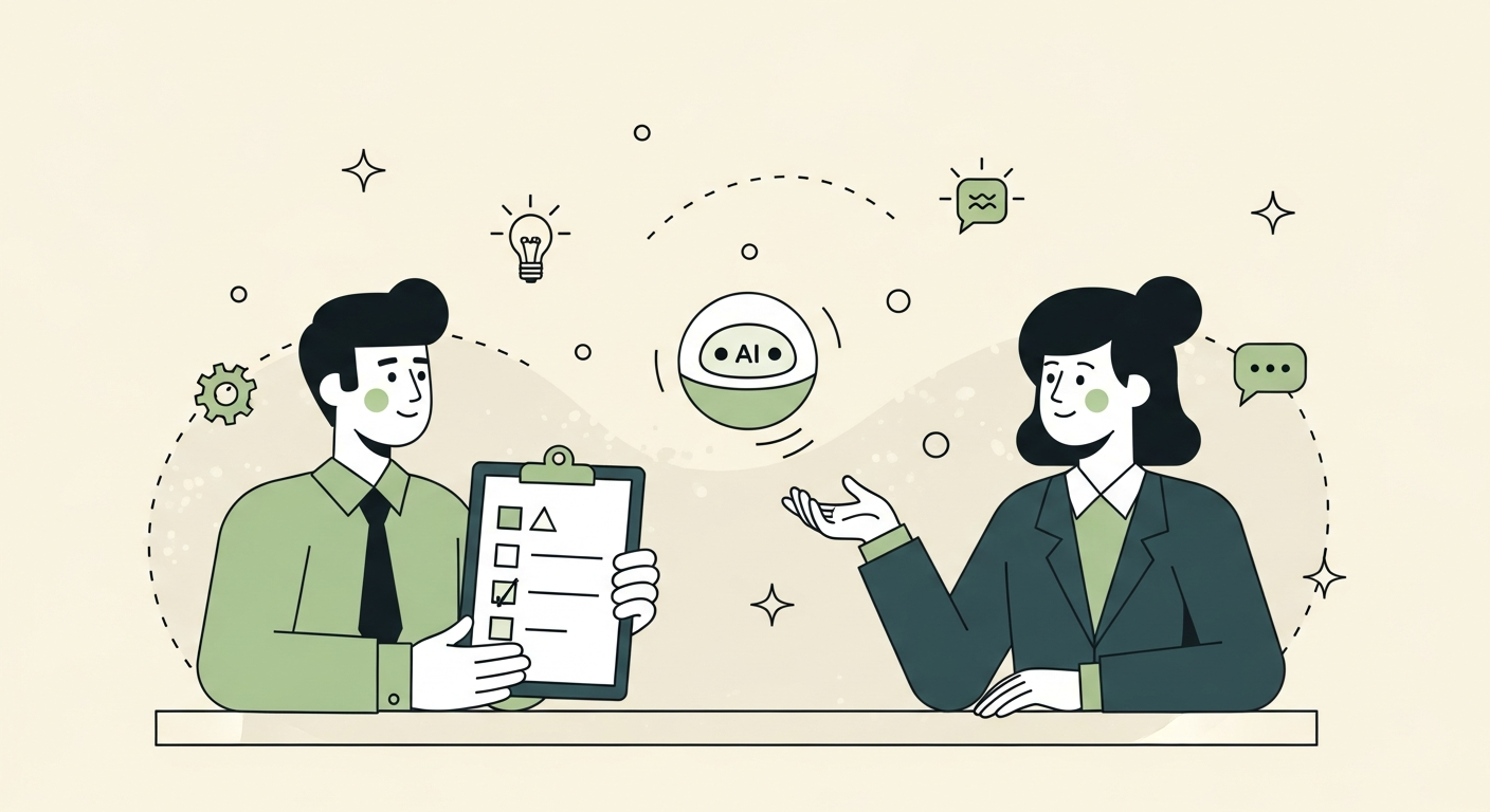 Illustration of two figures in a calm interview setting with a friendly AI orb floating in the background and small icons of a lightbulb, gear, and chat bubble on a cream background
