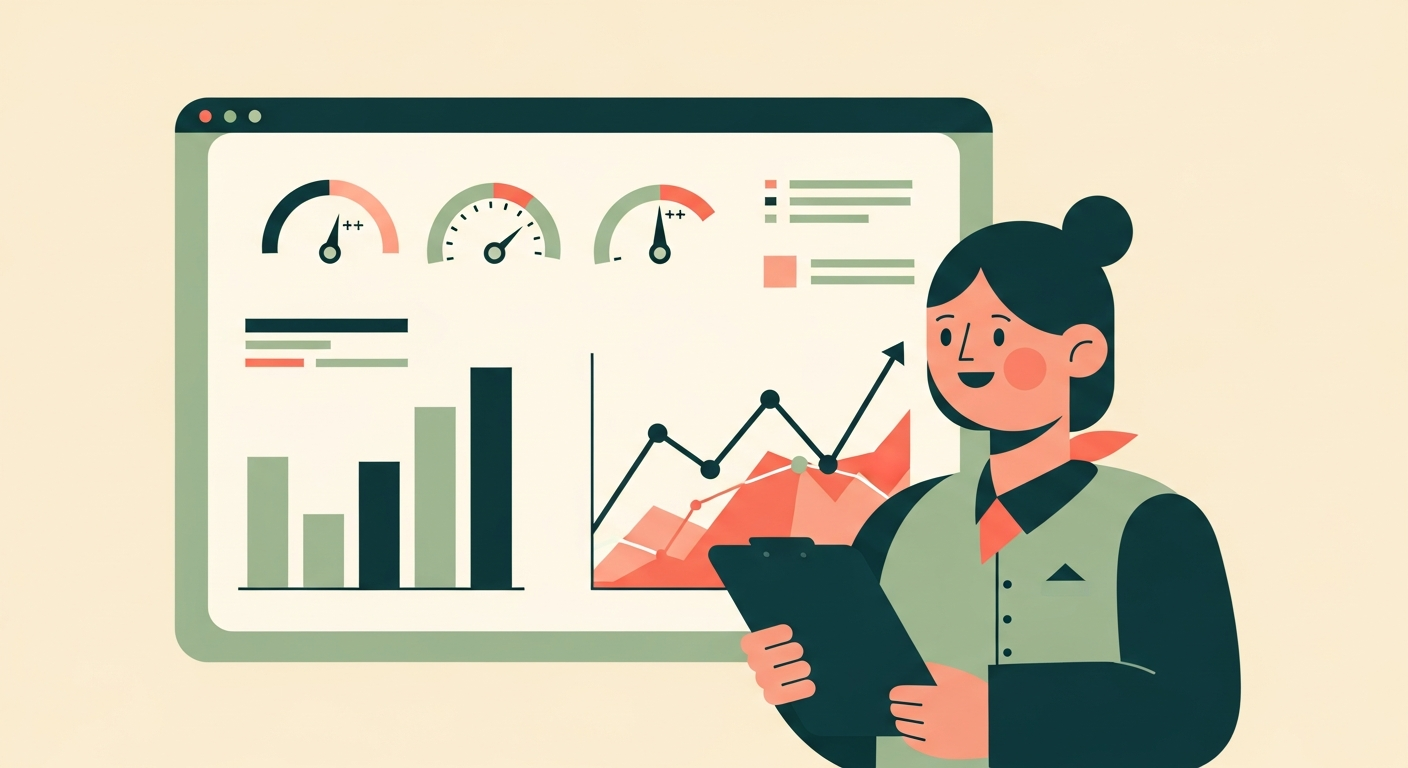 Illustration of a friendly character with a clipboard standing in front of a dashboard panel of charts and gauges, on a cream background