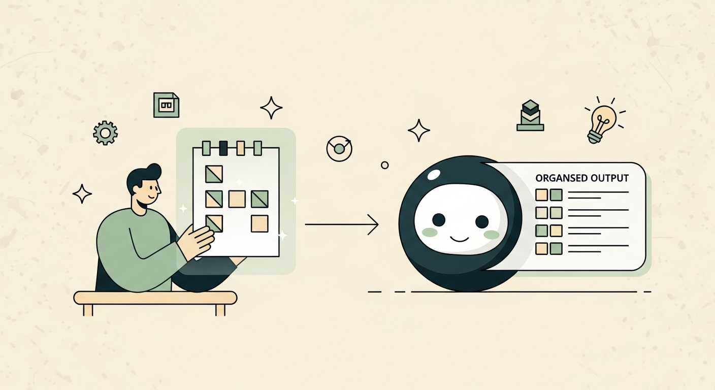 Illustration of a figure at a desk holding a structured prompt card across from a friendly AI orb with a panel of organized output beside it on a cream background