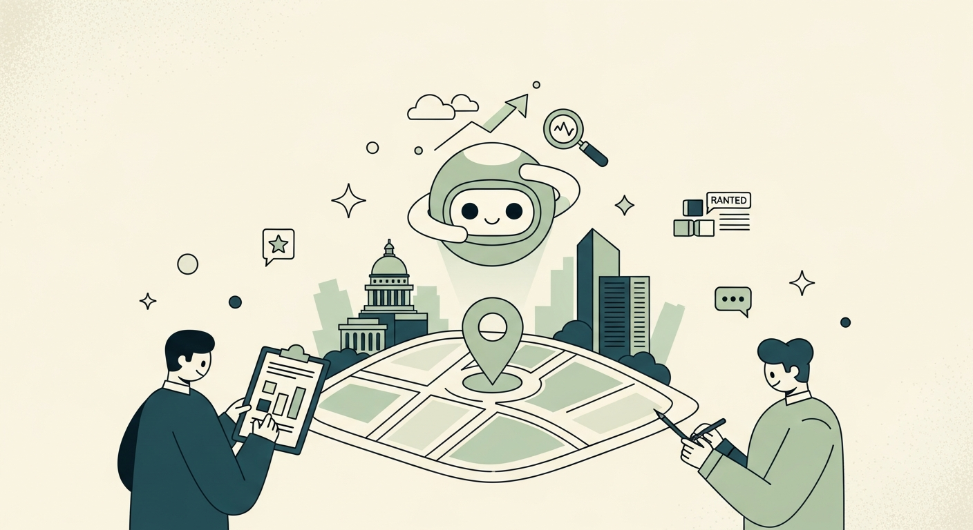 Illustration of a stylized map with a location pin, simple city building shapes, and a friendly AI orb hovering above with a magnifying glass and upward arrow on a cream background