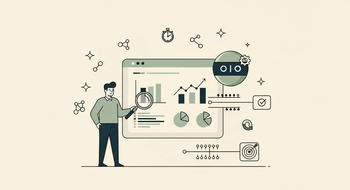 Illustration of an analyst figure in front of a dashboard with charts, a magnifying glass, and a baseline marker with a friendly AI orb hovering nearby on a cream background