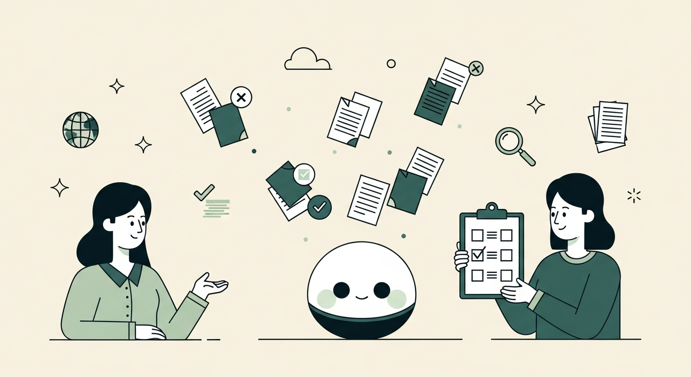 Illustration of a friendly AI orb sorting through floating document shapes alongside a librarian figure holding a checklist on a cream background