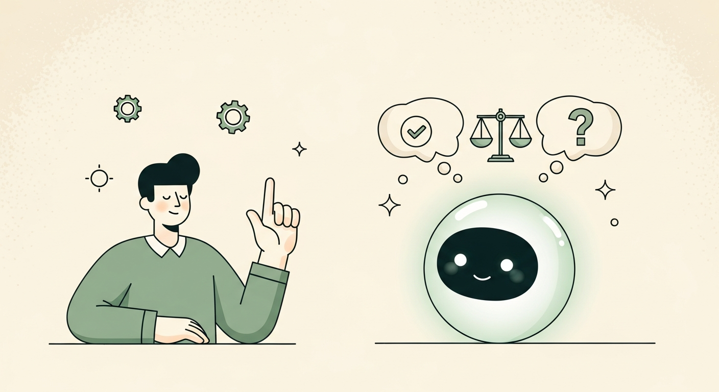 Illustration of a thoughtful figure pausing in conversation with a glowing AI orb between balance scale and question mark motifs on a cream background